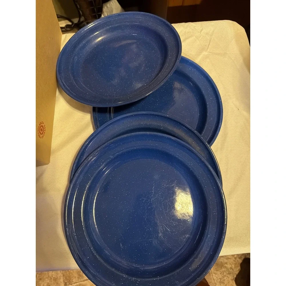 Set of 4 Blue Speckled Enamelware Dinner Plates Camping Cabin Rustic Farmhouse